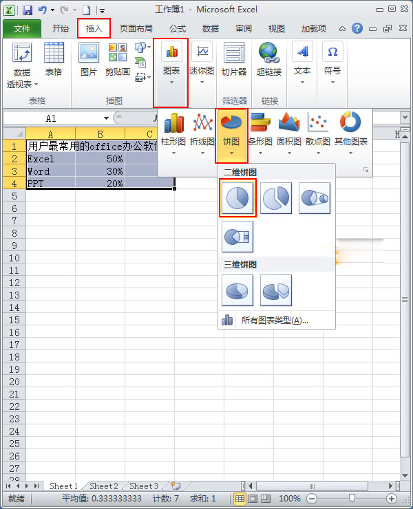 使用Excel2010如何制作簡單扇形統計圖？