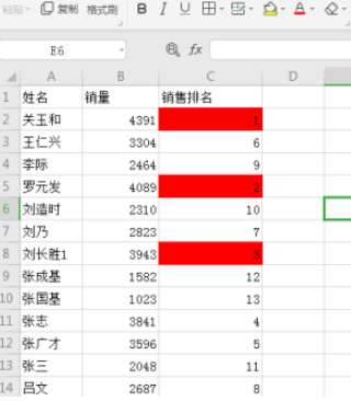 excel給排名前三的單元格添加紅色背景步驟分享