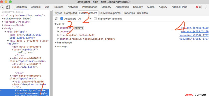 javascript - 如何在瀏覽器如chrome中審查元素時查看某個元素綁定的Vue方法？