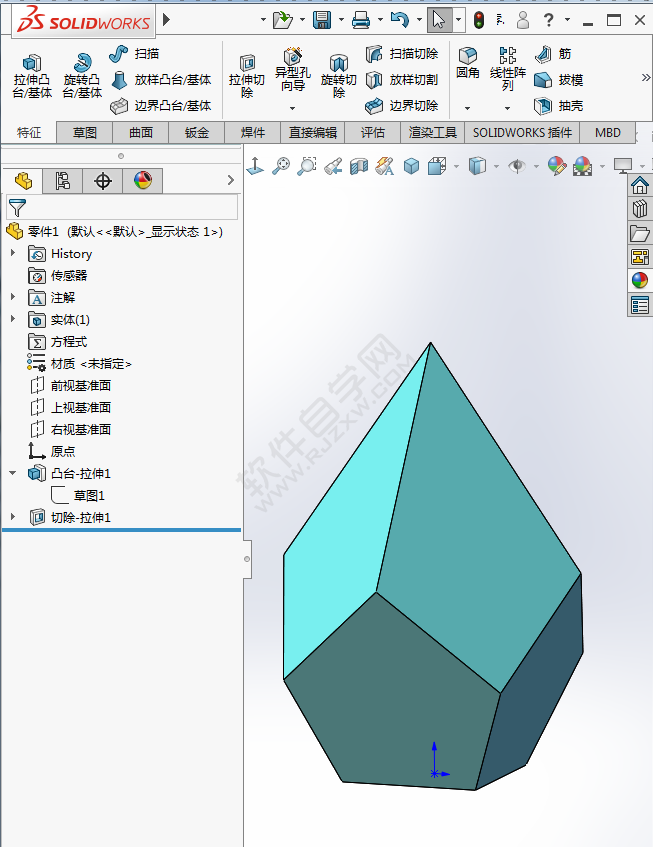 SolidWorks做一個簡單的拉伸、切除練習