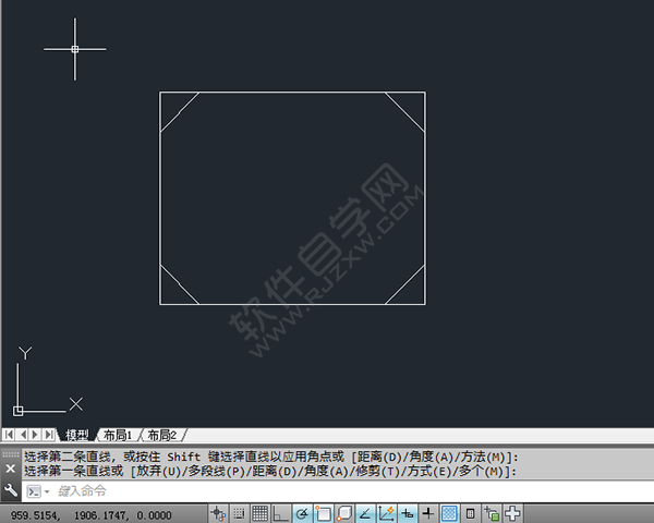 CAD中怎么給矩形倒不修剪的角